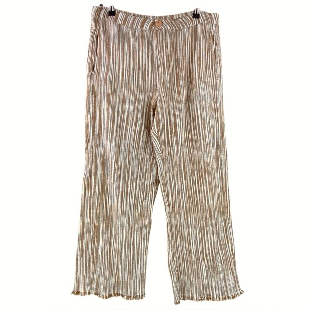 Free People 100% Cotton Woven Beach Pants Size 6 Tan Cream Striped Wide Leg